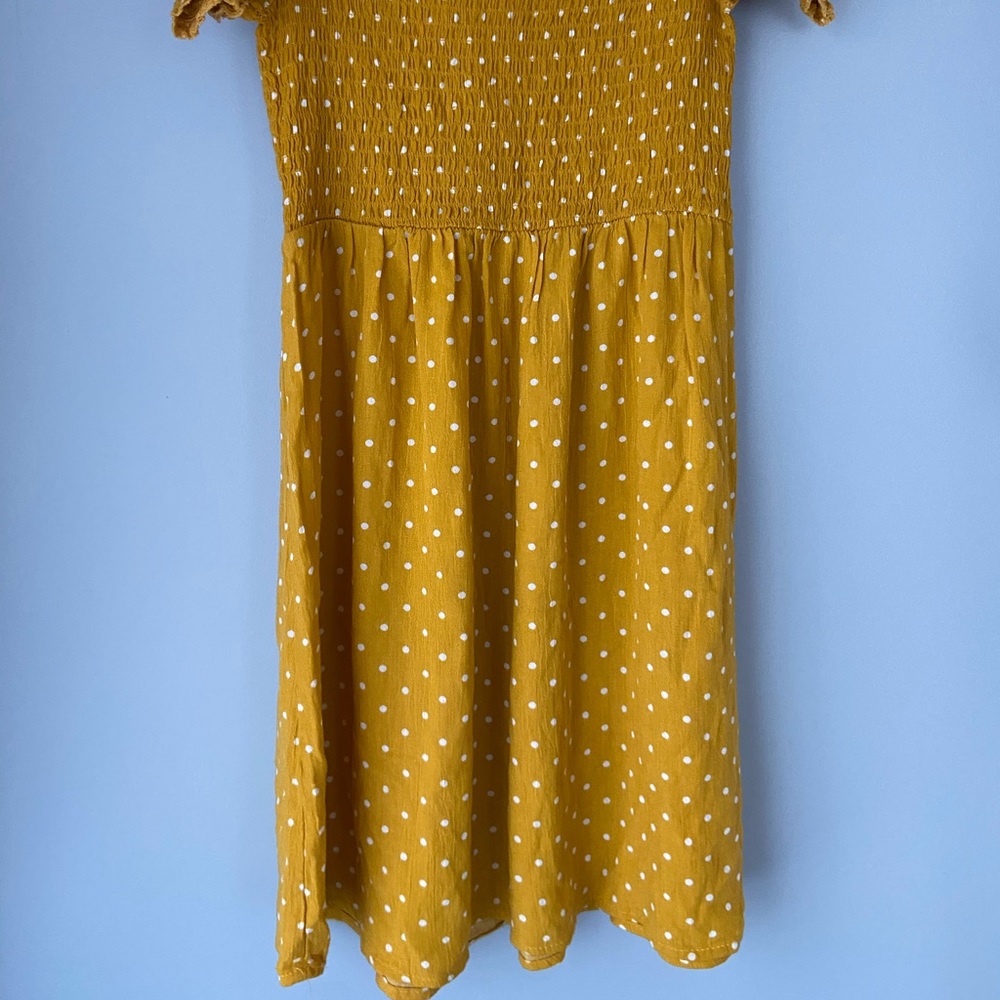Off the shoulder yellow polka dot dress